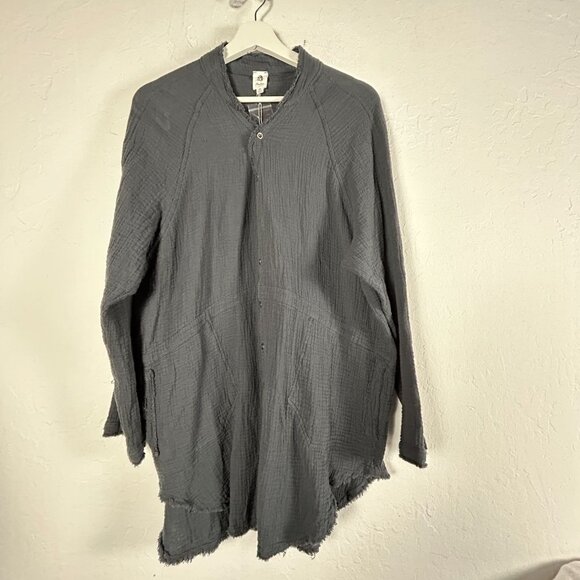 Flawless Womnes Cotton Gauze Button Up Shirt Tunic Size XS Black Frayed Trim New - Picture 1 of 8